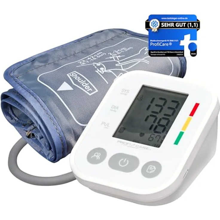 ProfiCare® Blutdruckmessgerät PC BMG 3121 für präzise Blutdruck und Pulsmessung mit Arrhythmie-Erkennung | Oberarm Blutdruckmessgerät mit WHO Bewertung, 2x 99 Speicherplätze | extra großes LCD-Display