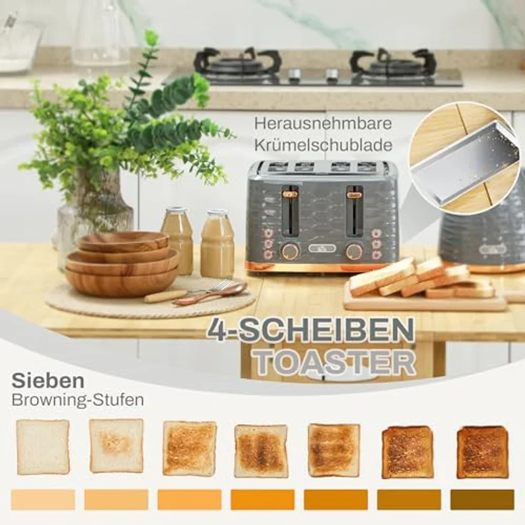 HOMCOM Toaster Wasserkocher- und Toaster-Sets Schnellkochkesse, 4 Schlitze, für 4 Scheiben, 3000 W, Auftau-, Aufwärm- und Krümelschublade, Otter-Thermostat, Grau – Bild 4