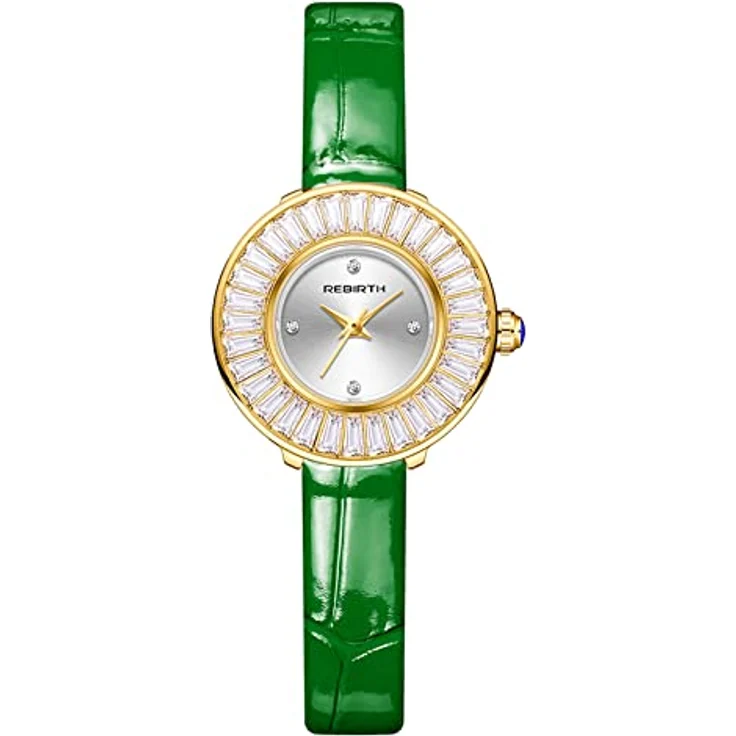 JewelryWe Damenuhr Quarz Analog, Elegant Trapezförmig mit Kristallen, Echtleder Armband, 30m Wasserdicht, Grün – Bild 1