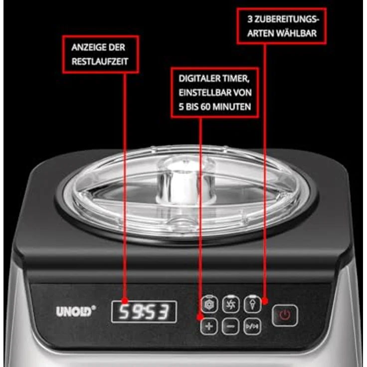 Unold Eismaschine Eismaschine Uno inklusive Eisbuch 1,2 L, vollautomatisch mit selbstkühlendem Kompressor, LCD-Display und 101 Rezepten, Silber – Bild 2