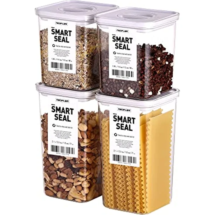 Neoflam® Vorratsdosen mit Deckel luftdicht & Einhanddrehverschluss | BPA frei | Aufbewahrungsbox Küche | Stapelbare Vorratsboxen | weiß - 2x 1.35L & 2x 2.1L