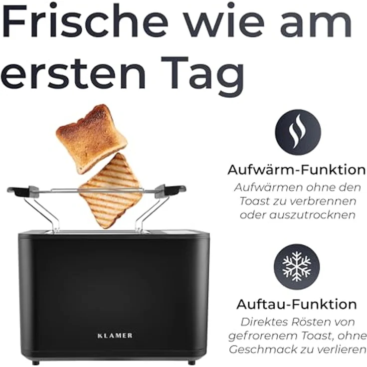 KLAMER Toaster, Toaster mit Brötchenaufsatz, hochwertiger 2 Scheiben-Toaster, 6 Bräunungsgrade, Touch Display, mit Krümelschublade, Matt Schwarz – Bild 5