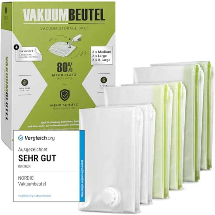 NORDIC® Vakuumbeutel für Kleidung, 6 Stück (2M+2L+2XL), BPA-frei, wiederverwendbar, geruchsneutral, inklusive Etiketten zur Beschriftung, ideal für Bettdecken und Saisonwechsel – Bild 1