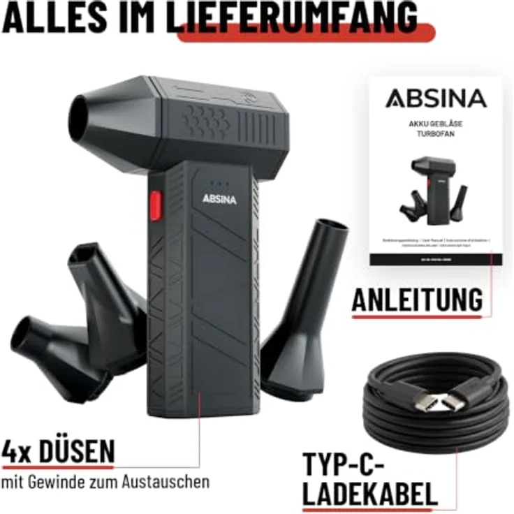 ABSINA Druckluft Staubgebläse, wiederaufladbar mit 110.000 U/min, 4 Düsen, kabelloses Akku Gebläse, 120W Motor, leicht und kompakt – Bild 6