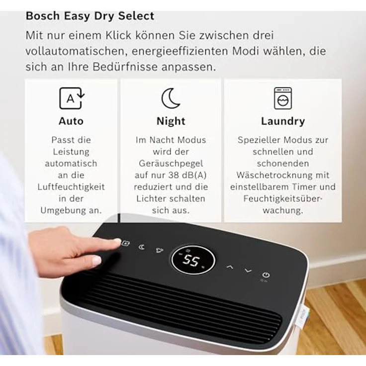 Bosch Dry 4000 - Luftentfeuchter für Ihr Zuhause, bis zu 16 Liter Feuchtigkeit pro Tag, ultra-leiser Betrieb, 2,5-Liter-Wassertank, mobil (schwarz) – Bild 4