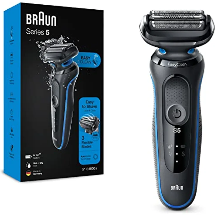 Braun Series 5 Rasierer für Herren, Elektrorasierer, EasyClean, Wet & Dry, wiederaufladbar & kabellos, Geschenk Mann, 51-B1000s, blau