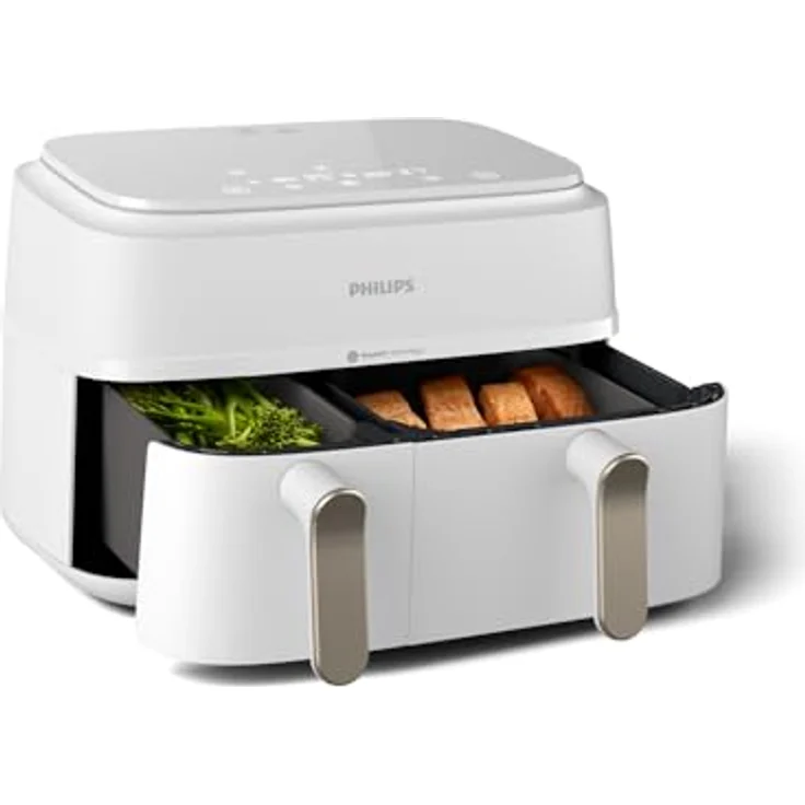 Philips Heißluftfritteuse 3000 Series NA353/10, Dual Basket Airfryer mit 9L Kapazität (3L+6L), 2750 W, RapidAir Technologie, Digitales Display, HomeID App, Weiß/Champagne – Bild 2