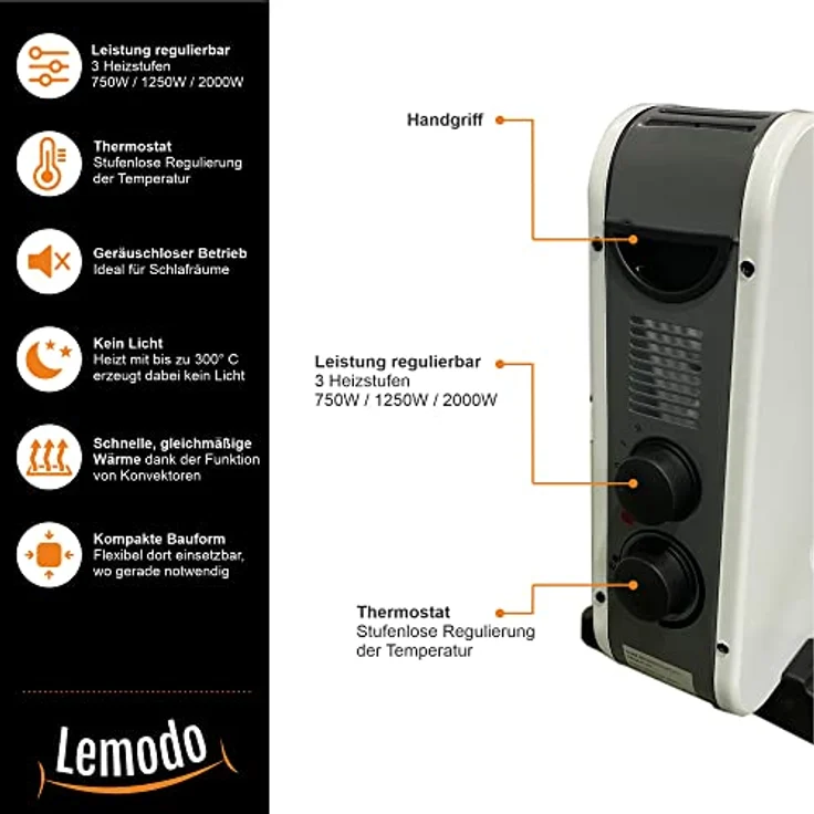 LEMODO mobile Elektroheizung - energiesparende Konvektor Heizung - Elektrische Heizung mit 3 Leistungsstufen - Heizgerät ohne Gas - robuster Elektroheizkörper (750W / 1.250W / 2.000W) – Bild 3