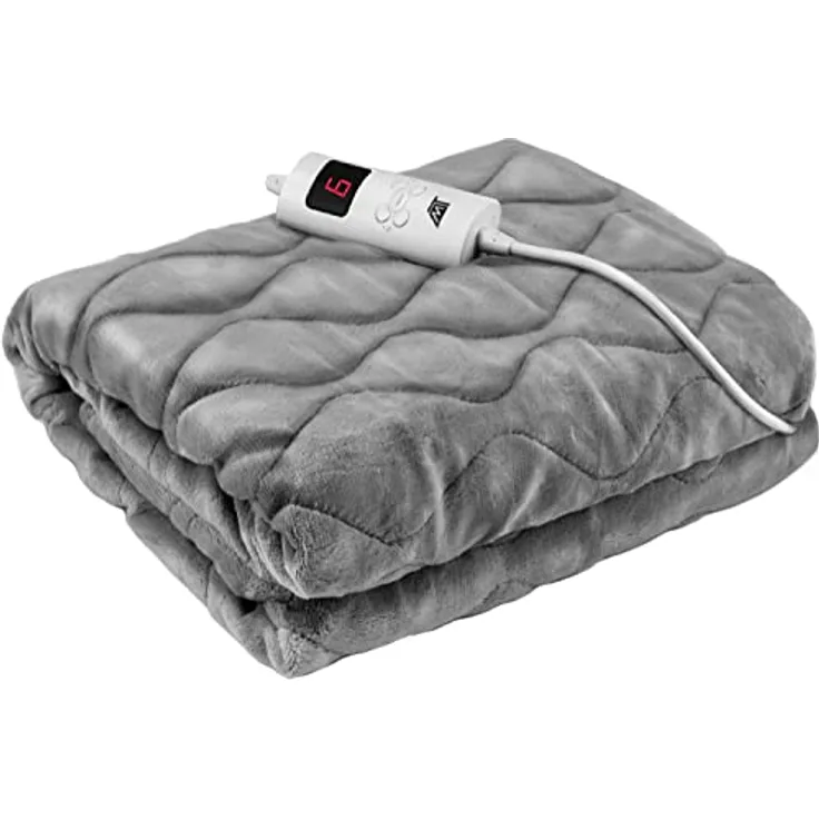 MT MALATEC Heizdecke Elektrische Kuschelheizdecke 180X130cm mit 6 Leistungsstufen Abschaltautomatik und Überhitzungsschutz Waschbar Grau