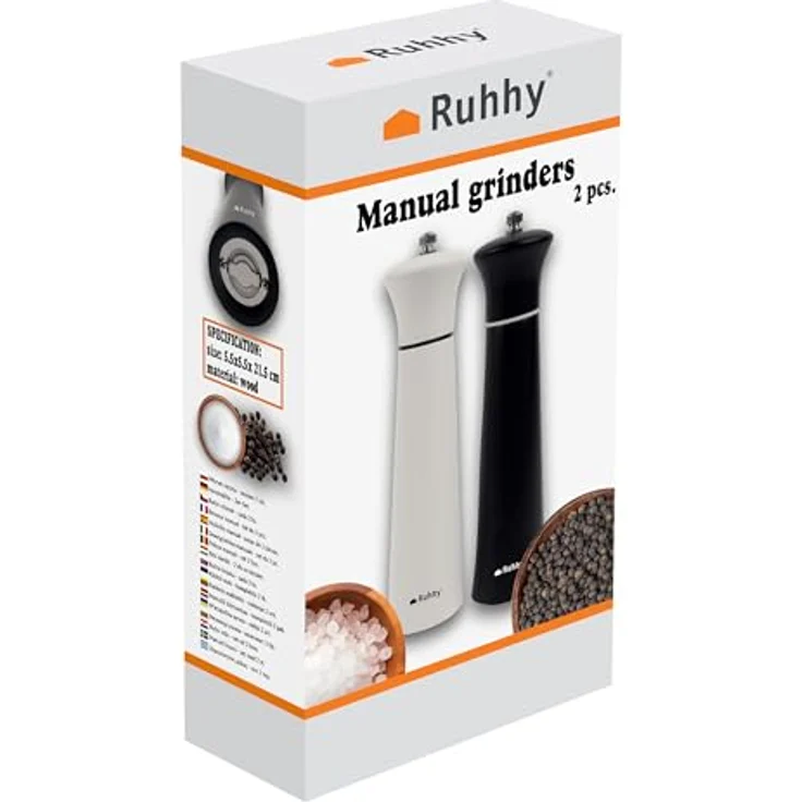 Ruhhy Gewürzmühle Handmühle Set, manuell, 2 Stück in Weiß und Mattschwarz, keramisches Mahlwerk, individuell einstellbare Mahlfeinheit, ergonomische Form – Bild 4