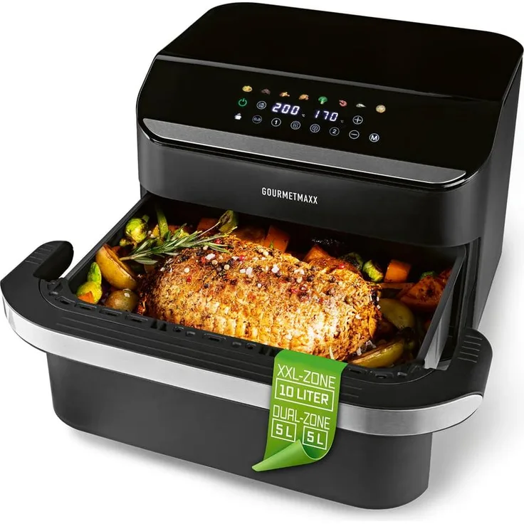 DS Produkte GM 2x 5L Vario Heißluftfritteuse, 2400W mit Divider, schwarz, 8 Programme, 2 separate Garzimmer