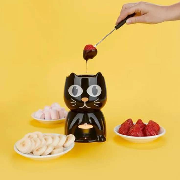 Balvi Schokoladenfondue-Set WAKE CAT, Fondue Set in Schwarz mit originellem Katzendesign, inklusive 4 Gabeln und Teelicht, Keramik, Maße: 10,5 x 10,5 x 16 cm – Bild 3