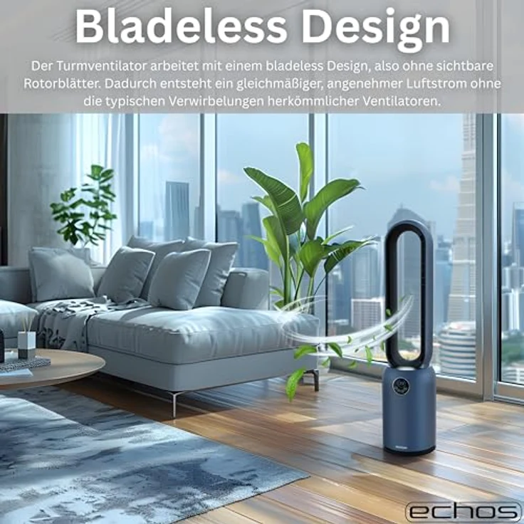 Echos® Turmventilator, bladeless mit HEPA-Filter, 24 Geschwindigkeitsstufen, energiesparend, leise, mit Fernbedienung und 12h Timer – Bild 3