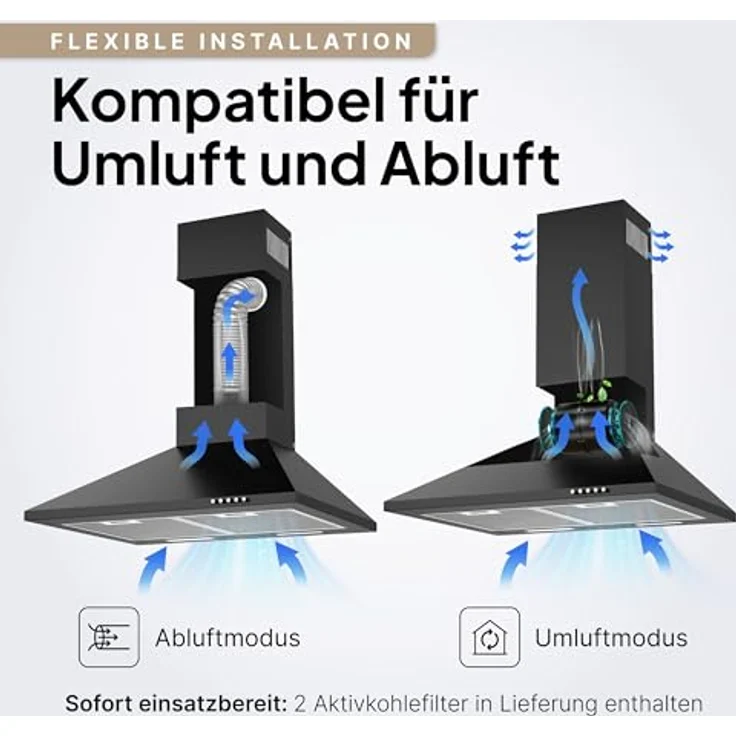 LEVIVO Dunstabzugshaube 60 cm A+++ mit 410 m³/h, Umluft & Abluft, 2 Aktivkohlefiltern, 2 Fettfiltern, Wandhaube, 3 Stufen, Edelstahl – Bild 8