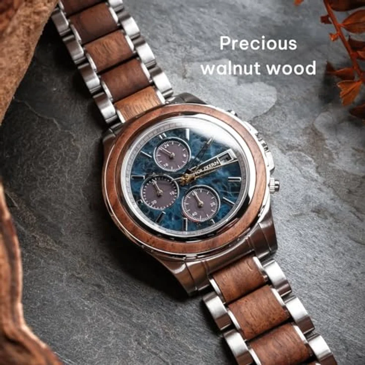HOLZKERN Herren-Chronograph Solar KOH Mak, Armbanduhr aus Walnuss/Marmor mit blauen Zifferblatt, Edelstahlarmband, Chronograph und Stoppuhrfunktion – Bild 4