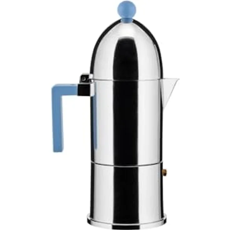 Alessi La Cupola, Espressokocher aus Aluminiumguss mit hellem blauen Griff und magnetischem Stahlboden für Induktionsherde