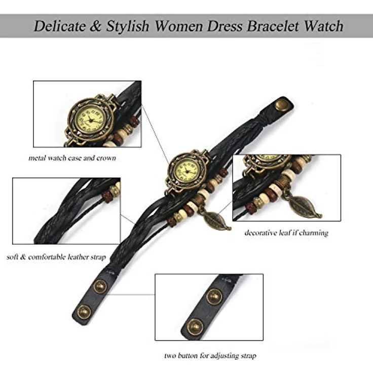 JewelryWe Damen Armbanduhr, Retro geflochtenes Lederarmband mit Baum Blatt Anhänger, Schwarz, Quarzwerk und antikem Metallgehäuse – Bild 4