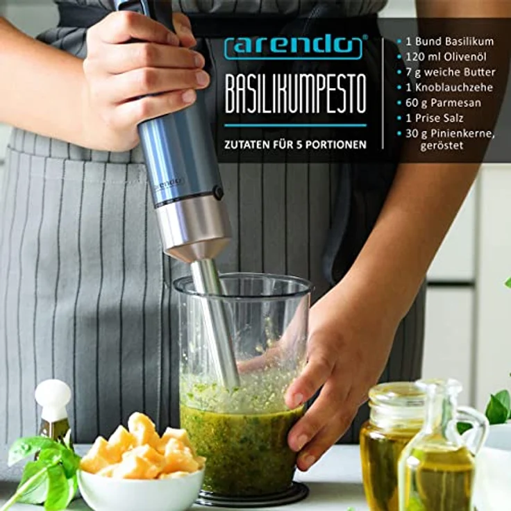 Arendo Stabmixer 1000 Watt Edelstahl Set - vierflügeliges Messer - Pürierstab - stufenlose Geschwindigkeitsregelung - Turbotaste - Abnehmbarer Mixfuß - GS-Zertifiziert - Blau – Bild 5
