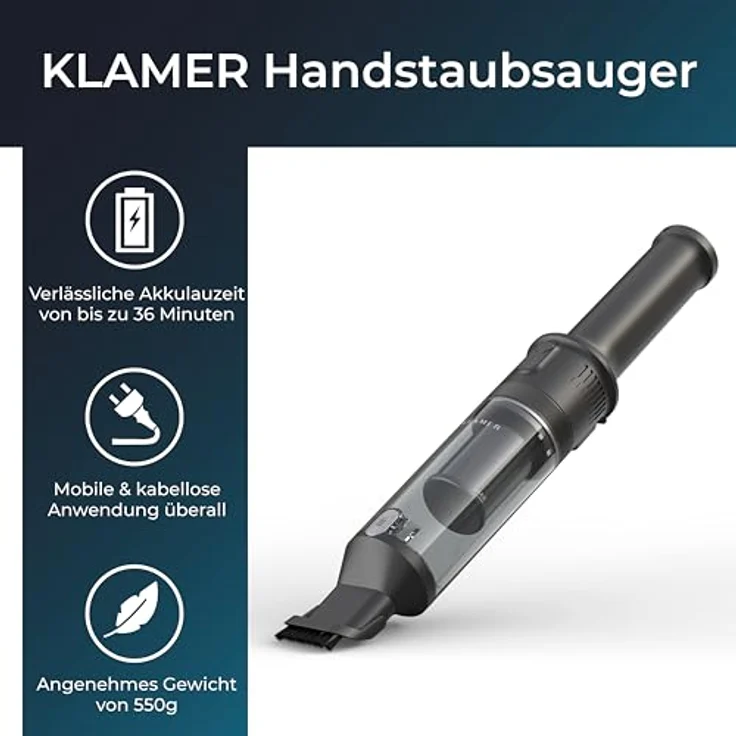 KLAMER Handstaubsauger, 140W Akku Handstaubsauger, Leistungsstark mit 16.000 PA und 36 min Laufzeit, Kabelloser Handstaubsauger inkl. Ladestation für Büro, Haus & Auto, beutellos – Bild 2