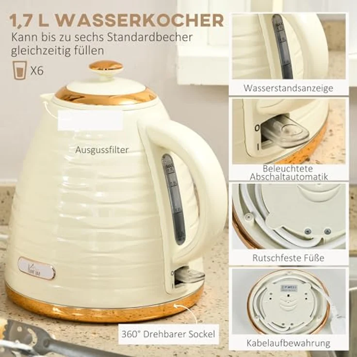 HOMCOM Wasserkocher-Toaster-Set, 1,7 L und 4-Scheiben-Toaster, präzise Temperaturregelung, beige – Bild 3