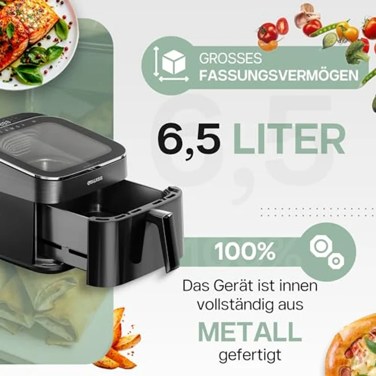 4SWISS ABB-025 Skylight Heißluftfritteuse 6,5L, 1700W, 12 Programme, Sichtfenster, ölfrei, leicht zu reinigen – Bild 5