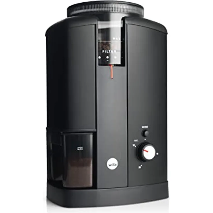 Wilfa SVART AROMA - elektrische Kaffeemühle mit Kegelmahlwerk – 32 Mahlgradeinstellungen,  Timerfunktion für Kaffeemengeneinstellung, Bohnenbehälter für 250gr Kaffee, 130 Watt, schwarz