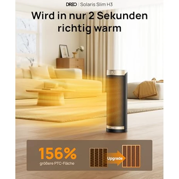 Dreo Solaris Slim H3, PTC Keramik Heizlüfter mit 70° Oszillation, Fernbedienung, 12-Std-Timer und 3 Heizmodi, leise und Überhitzungsschutz – Bild 2
