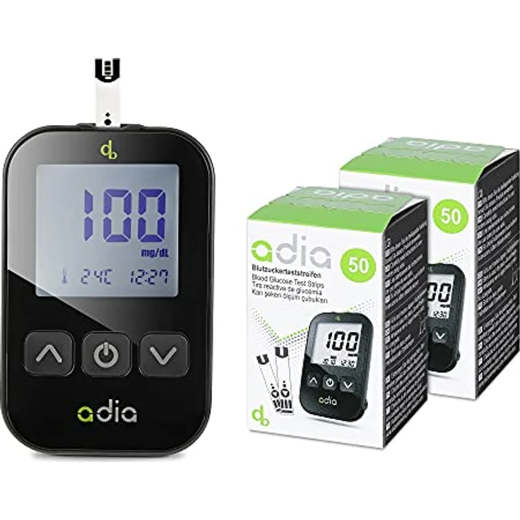 adia Diabetes-Starter-Set inkl. Blutzuckermessgerät (mg/dl) mit 110 Blutzuckerteststreifen, Stechhilfe und Lanzetten – Einfache Selbstkontrolle bei Diabetes – Bild 1