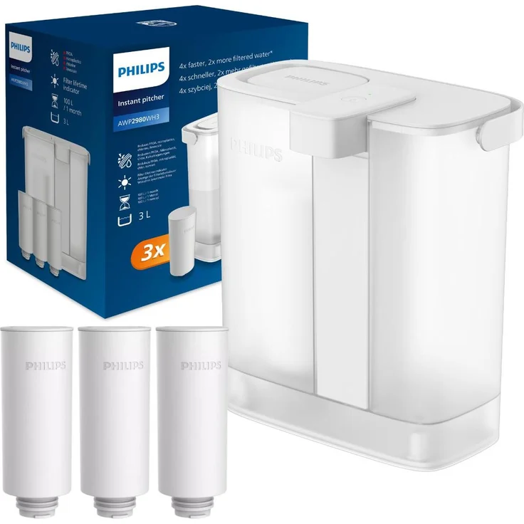 Philips AWP2980WH3, automatischer Wasserfilter für die Arbeitsplatte, 3-stufiger Sofortfilter mit hoher Durchflussgeschwindigkeit, weiß, 3 Kartuschen im Lieferumfang enthalten – Bild 1
