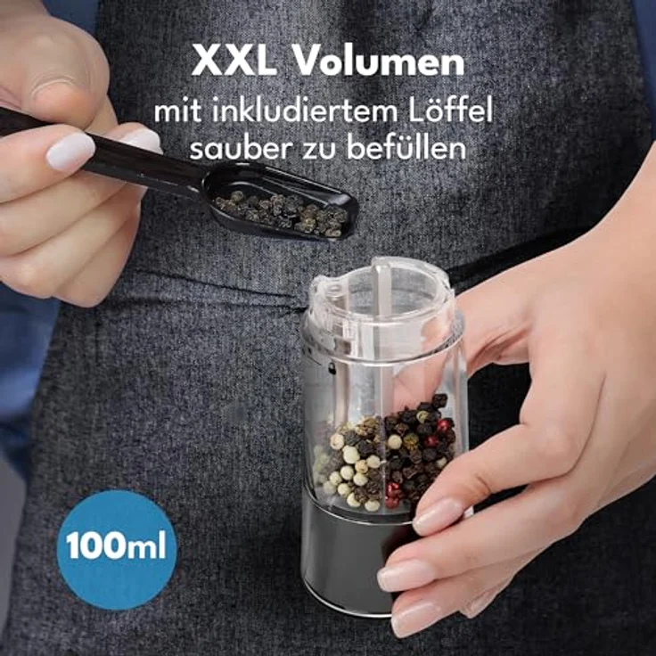 Lebenlang Elektrisches Salz-/Pfeffermühle Set, 2er Set mit Kipp-Sensor, Keramik-Mahlwerk und USB-Akku, gebürsteter Edelstahl – Bild 5