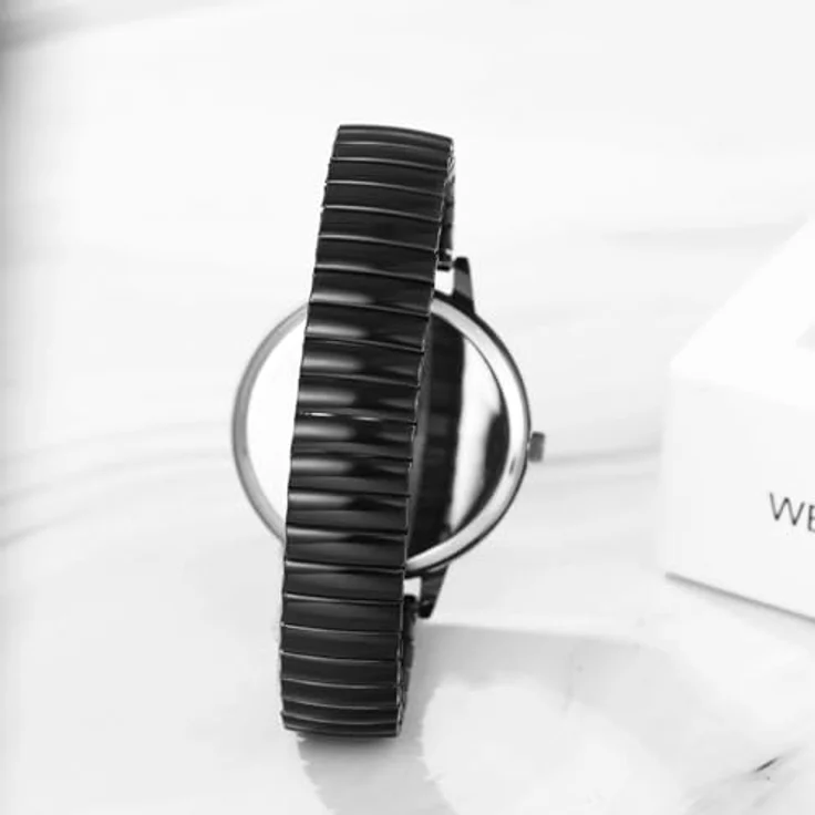 JewelryWe Damenuhr Elastische Uhr für Senioren, Schwarz Analog Quarz mit großem Zifferblatt und Edelstahl Stretcharmband – Bild 4