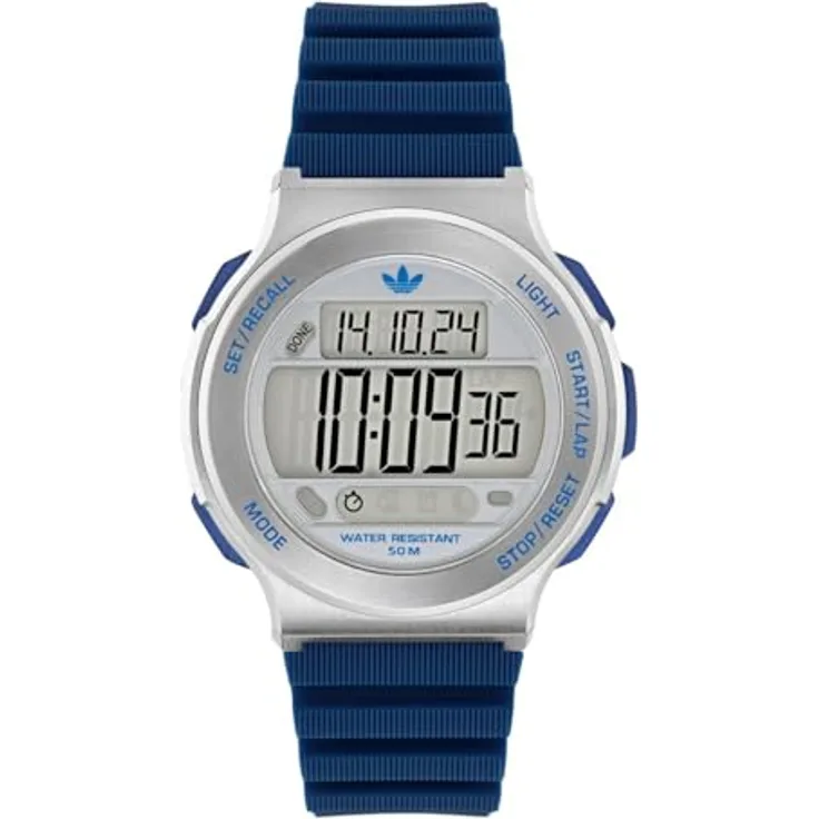 Adidas Originals Expression Three Digital, Unisex Quarz Armbanduhr mit Stoppuhr und Alarm, blau-silber, 44 mm Gehäusedurchmesser, wasserdicht bis 5 bars