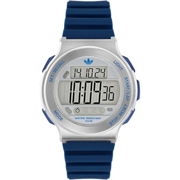 Adidas Originals Expression Three Digital, Unisex Quarz Armbanduhr mit Stoppuhr und Alarm, blau-silber, 44 mm Gehäusedurchmesser, wasserdicht bis 5 bars – Bild 1