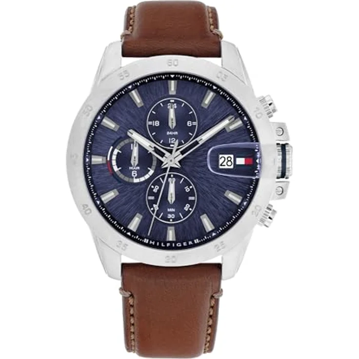 Tommy Hilfiger 1792195, Herren Dual-Time Uhr mit braunem Lederarmband, 43mm Edelstahlgehäuse, blaues Zifferblatt, 5 ATM wasserdicht – Bild 1