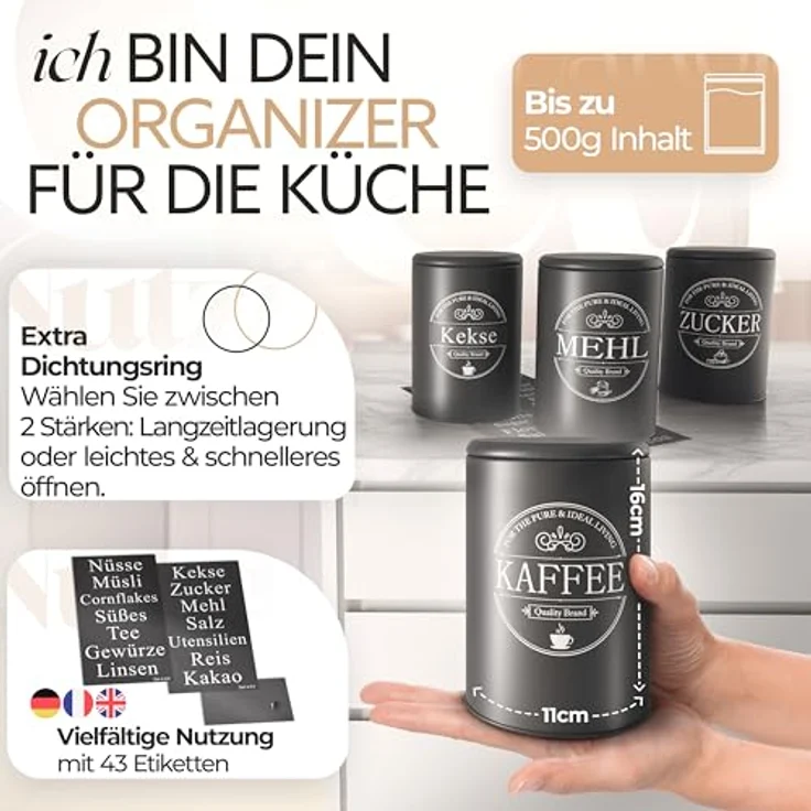 IDEALTASTIC® Premium Kaffeedose luftdicht [500g], robuste Vorratsdose für gemahlenen Kaffee & Bohnen, mit flexiblen Inhaltstickern für Zucker, Müsli und mehr, DEKRA geprüft – Bild 2