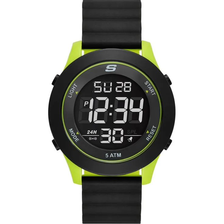 Skechers Chronograph ROSENCRANS SR5246, digitale Quarzuhr mit schwarzem Zifferblatt und neongrünem Gehäuse, Silikonarmband, wasserdicht bis 5 bar, Alarm- und Stoppfunktionen