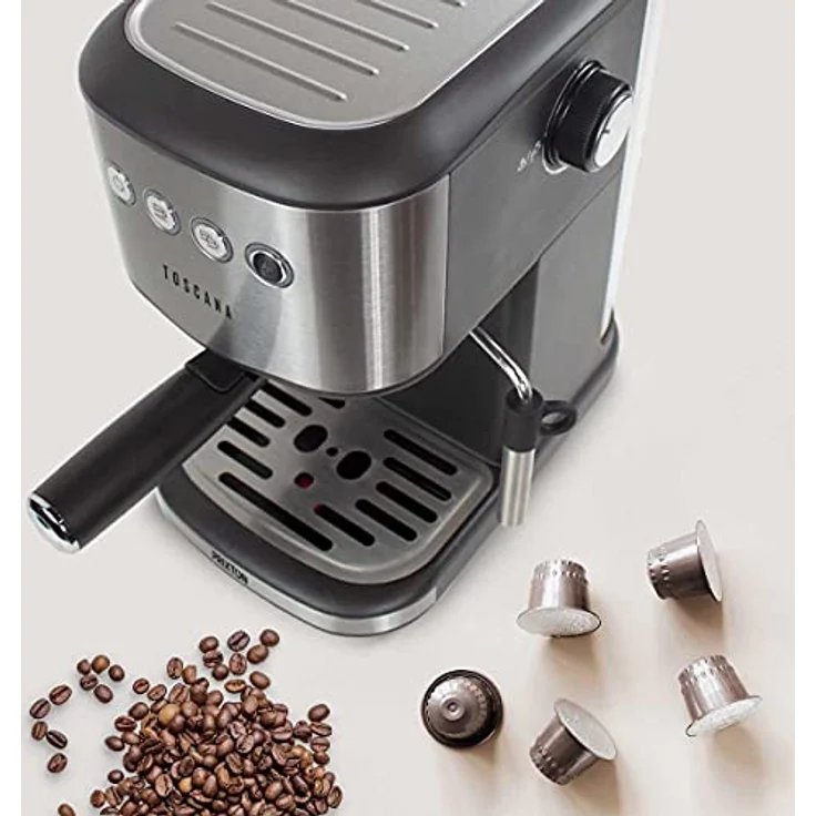 PRIXTON Toscana-Kaffeemaschine, halbautomatisch, für Kaffeekapseln und gemahlenen Kaffee, 20 Bar Druck, schwarz Edelstahl, 1,25 Liter Wassertank, mit Dampfdüse für Milchaufschäumung – Bild 5