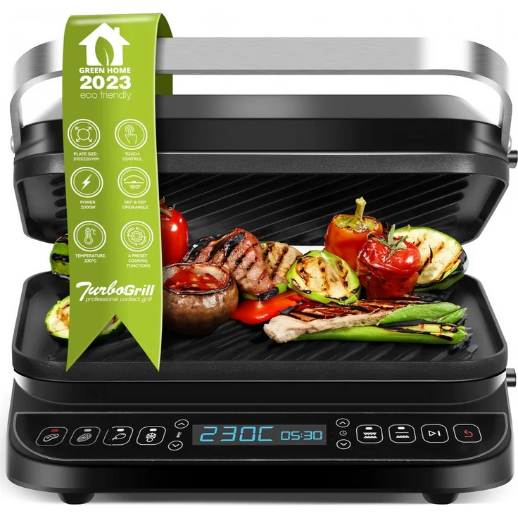 TurboTronic by Z-Line TT-CG900 Kontaktgrill, digital, bis 230°C, abnehmbare Platten, 2000 W, 180° Öffnung, Edelstahl & Schwarz, Paninimaker, Tisch Elektro Grill