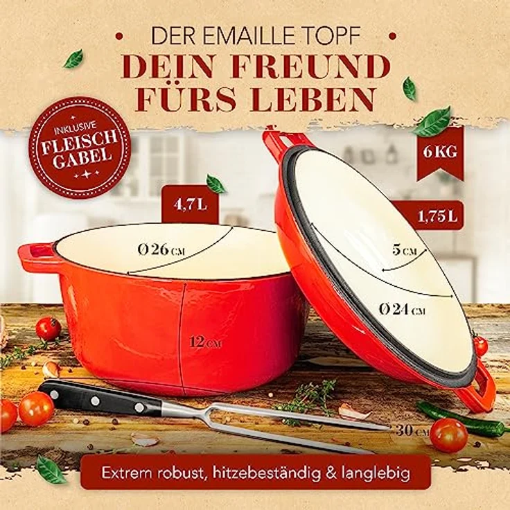 KRUSTENZAUBER Gusseisen Topf [inkl. Fleischgabel] - Hochwertiger 26cm Schmortopf backofengeeignet - Idealer Bräter mit Deckel, Kochtopf Induktion, Emaille, Bratentopf Cast Iron – Bild 3