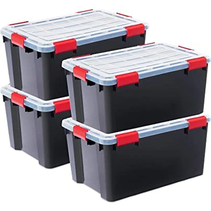 Iris Ohyama, Luftdichte Kunststoffbox mit Deckel und Verschlussklammern, 50L, 4er-Set, BPA-frei, Dachboden, Schuppen, Garage, DDAT-L, Schwarz