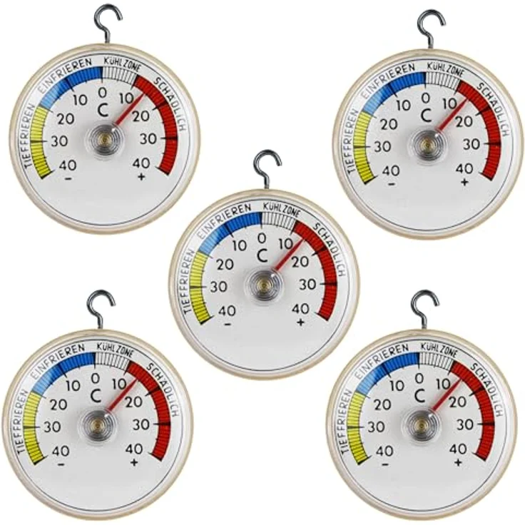 Lantelme 5 Stück Kühlschrankthermometer Set, Analoges Gefrierschrankthermometer mit Haken und selbstklebend, Temperaturmessbereich -40°C bis +40°C, beige – Bild 1