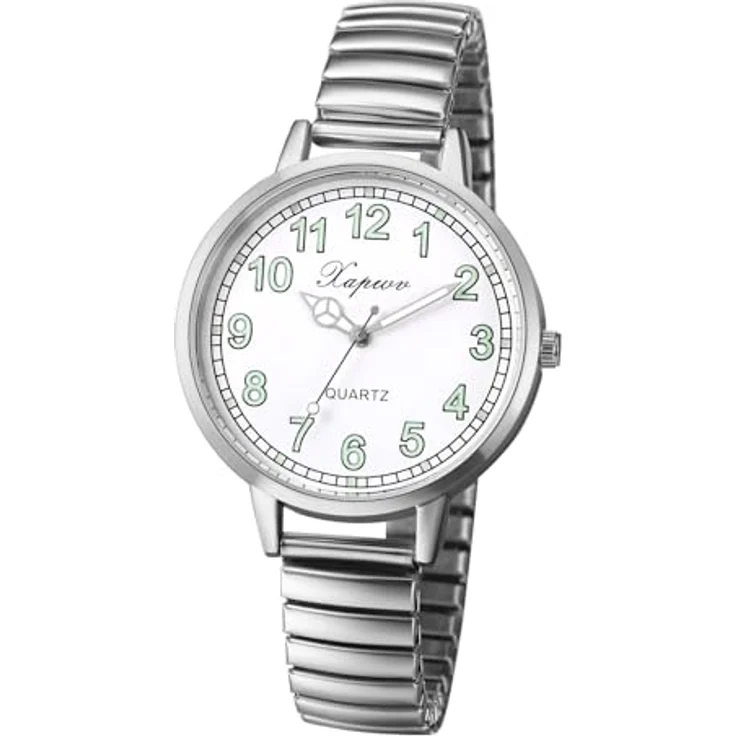 JewelryWe Damenuhr, elastische Uhr für Senioren, Silber Analog Quarz mit großem Zifferblatt und elastischem Edelstahlzugarmband – Bild 1