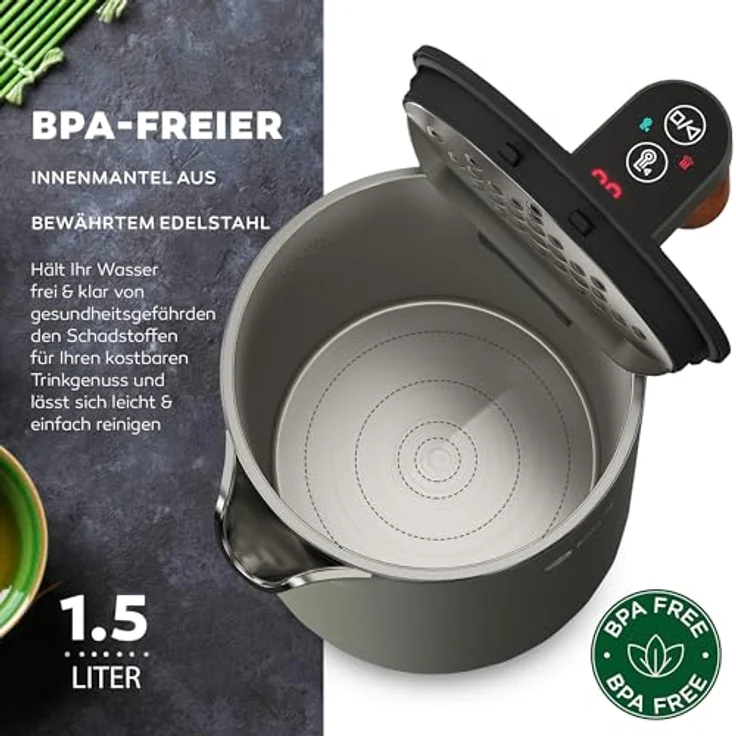 BALTER Edelstahl Wasserkocher mit Temperatureinstellung, 45°C-100°C, Doppelwand, BPA frei, leise & kabellos, Warmhaltefunktion, Teekocher mit Temperaturanzeige, 1.5L, 2200W, Schwarz (Titanium Gray) – Bild 4