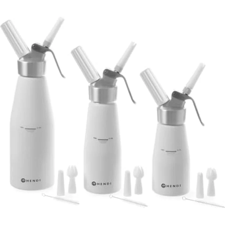 Hendi Sahnespender, Inklusive Set aus 3 Polypropylen Spritztüllen und Reinigungsbürste, Sahne-Mousses-Desserts-kalten Schäumen, 0,25L, ø80x(H)200mm, Aluminium, Weiß, 588031 – Bild 2