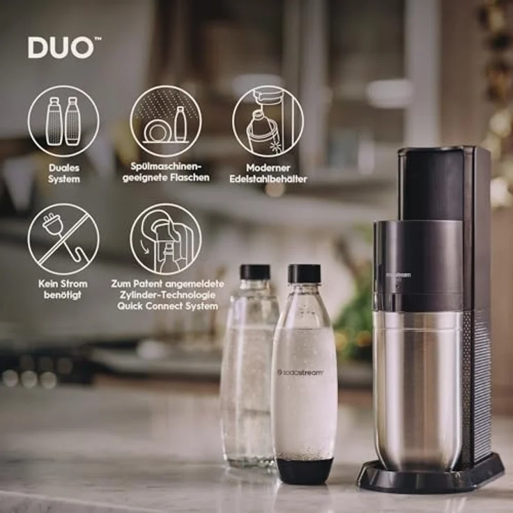 SodaStream Wassersprudler DUO mit CO2-Zylinder Höhe 44cm 2x 1L Glasflasche und 2x 1L spülmaschinenfeste PET-Flasche – Bild 4