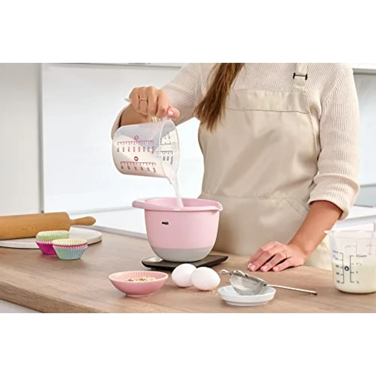Emsa K324S3 Prep&Bake 3er Set Kunststoff-Rührschüssel | 1,4 + 2,8 + 4,7 L | rutschfester Boden | ideale Stabilität | Ausgießlippe für präzises, sauberes Ausgießen | spülmaschinenfest | Rosa/Grün/Blau – Bild 3