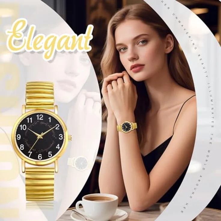 JewelryWe Damenuhr Vintage Boho, elastisches Zugarmband aus Edelstahl, goldene Analog Quarz Uhr mit großen Ziffern und mystischen Runen, 19-21cm Handgelenkgröße – Bild 4