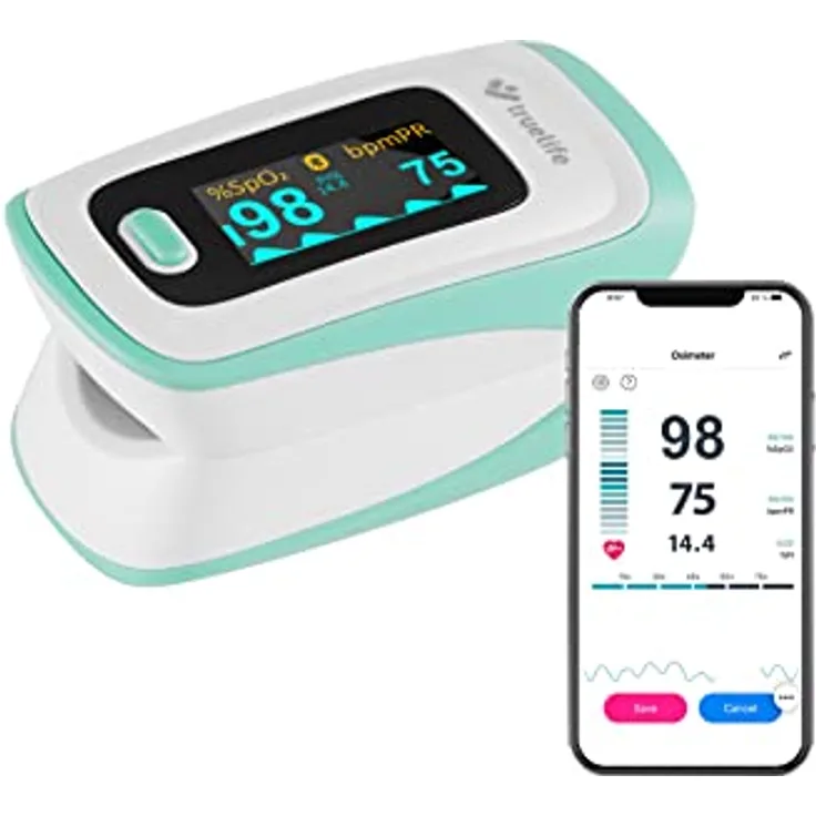 TrueLife Oximeter X5 Bluetooth und App, Messung der Sauerstoffsättigung, der Herzfrequenz und des Perfusionsindexes, 6 Anzeigemodi, akustisches Signal für Pulsfrequenz, Gürteltasche und Umhängeband