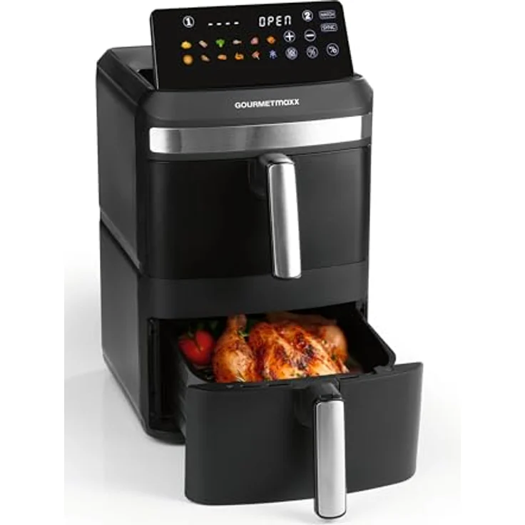 GOURMETmaxx FryUp XL, vertikale Doppelkammer Heißluftfritteuse 12 L mit 9,6 Zoll Multi-Colour LED-Touchdisplay, 12 Programmen und SYNC- & MATCH-Funktion – Bild 1