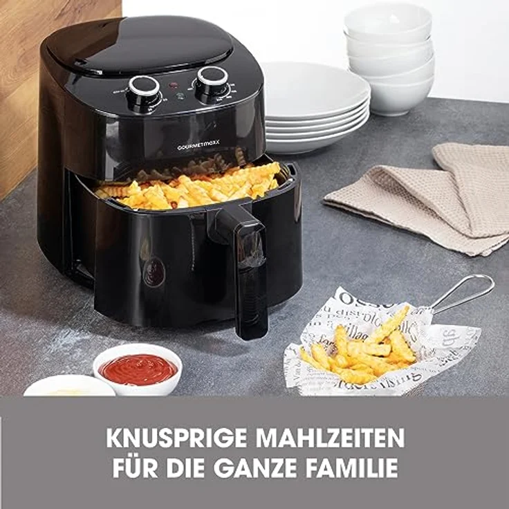 GOURMETmaxx Heißluftfritteuse 4,5L | Airfryer mit 8 Programmen, ideal zum besonders fettarmen Garen, Grillen oder Backen ohne Öl | Mit LCD-Display, Timer- & Stay-On-Funktion | 1400W [Schwarz] – Bild 3